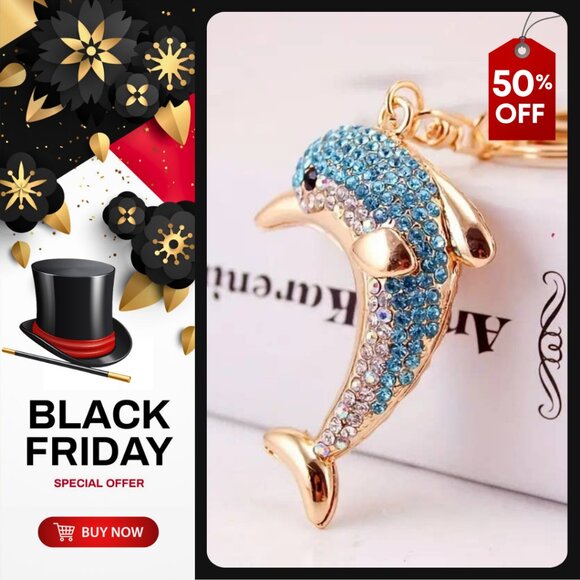 💣Rhinestone Dolphin Keychain Metal Key Ring, Bag Charm, Car Accessory - Picture 1 of 4